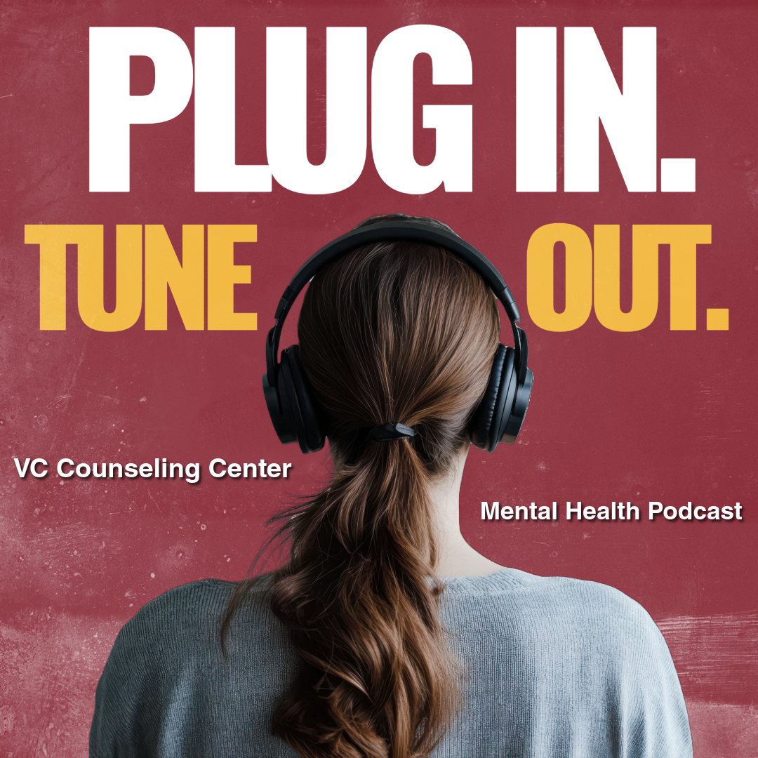 A person facing backwards with headphones on. the text Plug In Tune Out is above her.