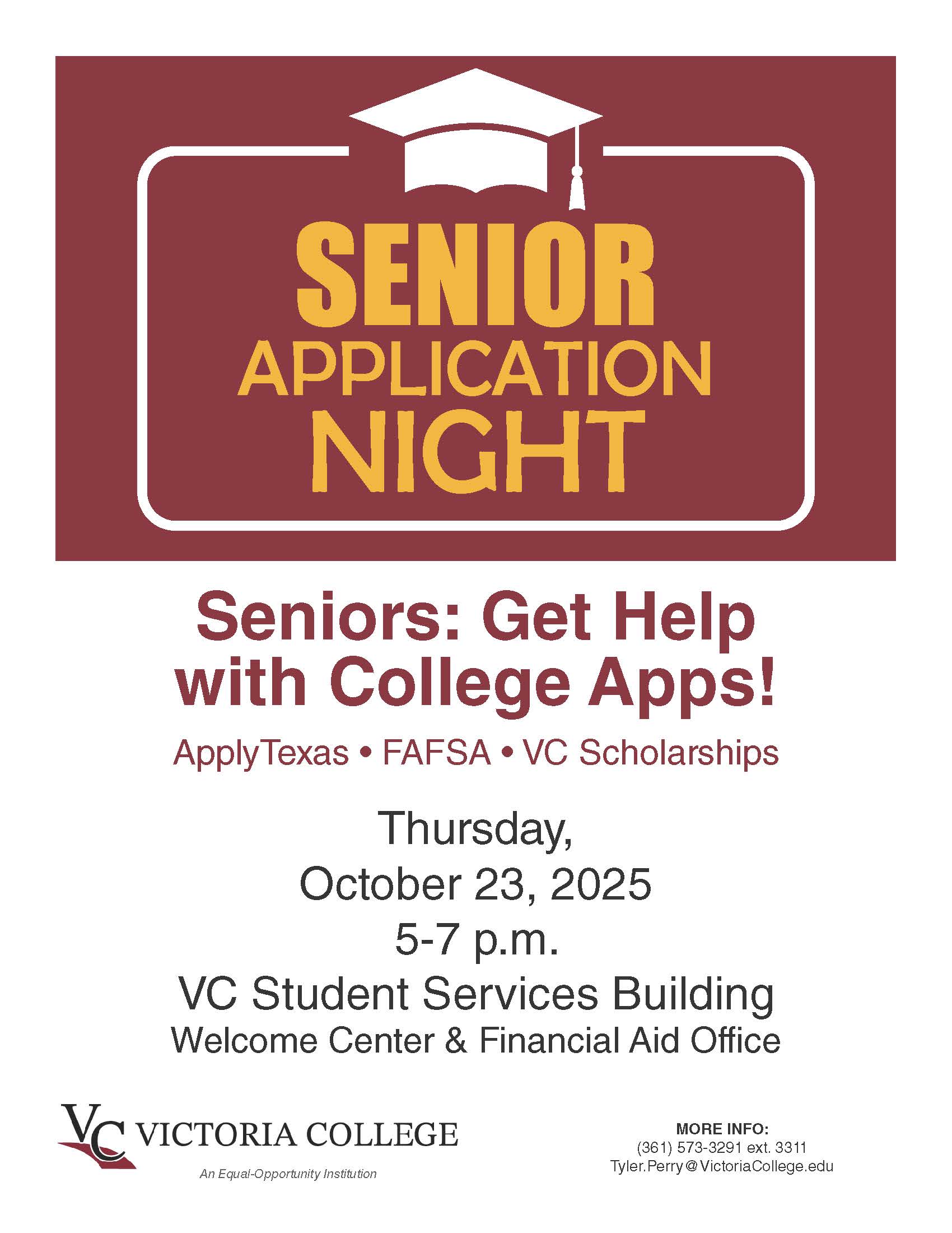 2025 Senior Application Night flyer on white background with maroon and text 