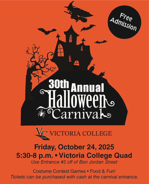 30th Annual Halloween Carnival flyer with text and VC logo on orange background