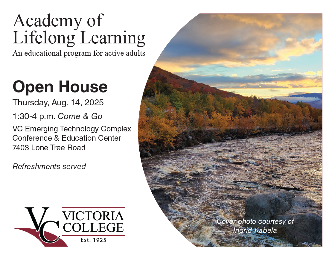 Academy of Lifelong Learning Open House flyer with text and river image