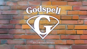 Godspell production logo on a brick background