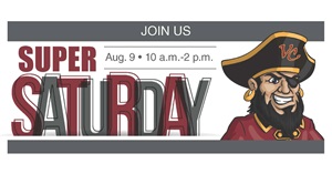 Super Saturday event logo with text and captain vic pirate