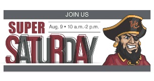 Super Saturday event logo with text and captain vic pirate